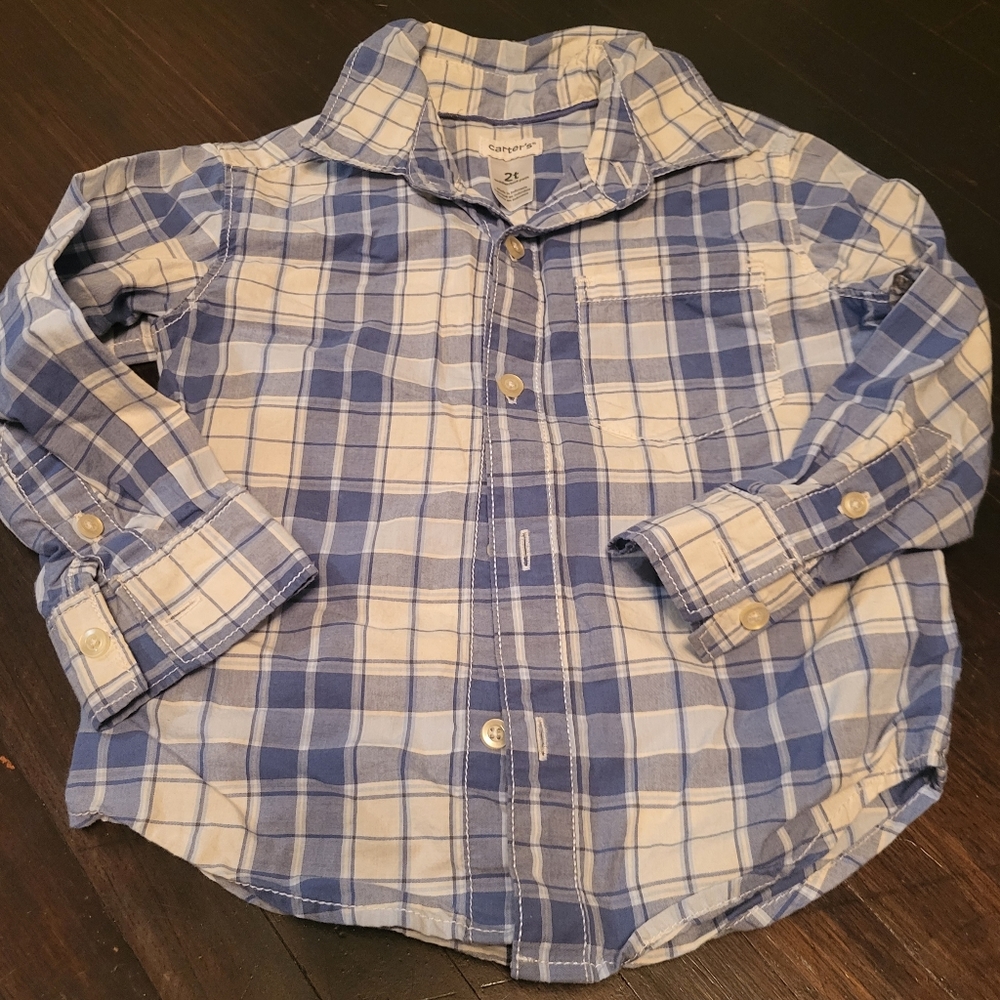Carters boys 2t button down blue plaid shirt